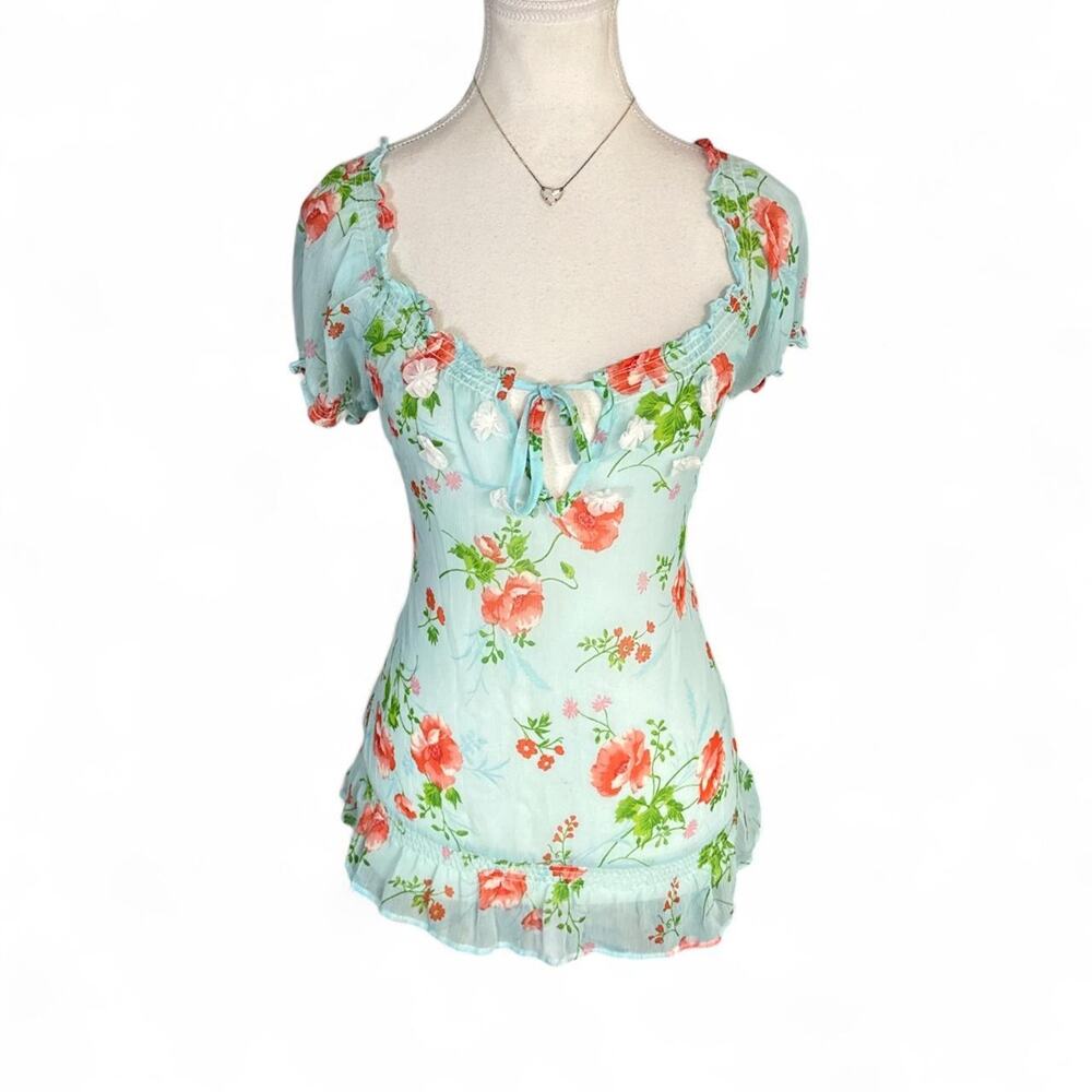 Y2K vintage Hollister Baby Blue Floral Blouse with Red Green Flowers size small